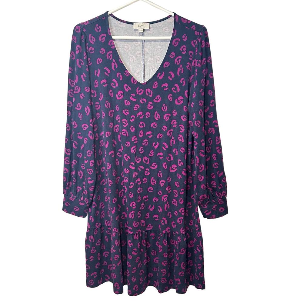 LOFT Long Sleeve Knee Length Swing Dress Medium Navy Pink Animal‎ Print Ruffle